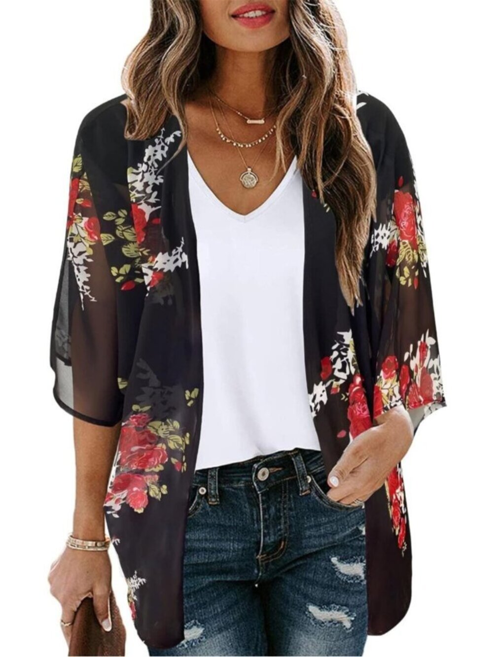 🆕Women's Black Polyester Kimono Cardigan Beach Swimwear Cover Up Floral